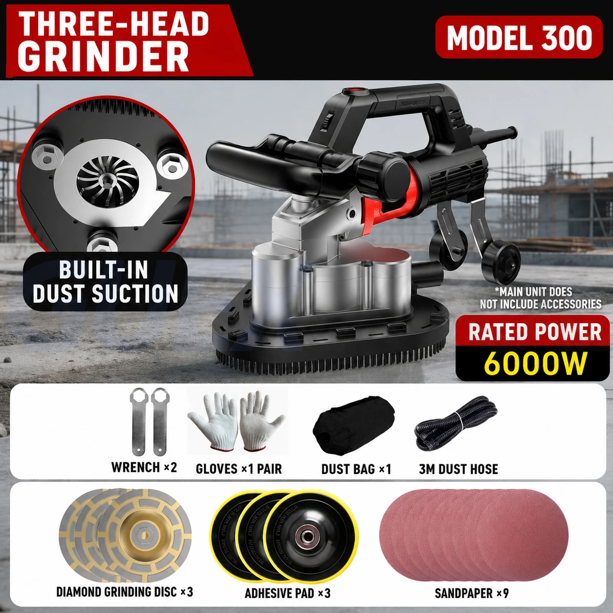

3-head Grinder Adjustable Speed Concrete Cement Floor Polishing Machine 6000W Portable Dust Free Epoxy Floor Polishing Machine