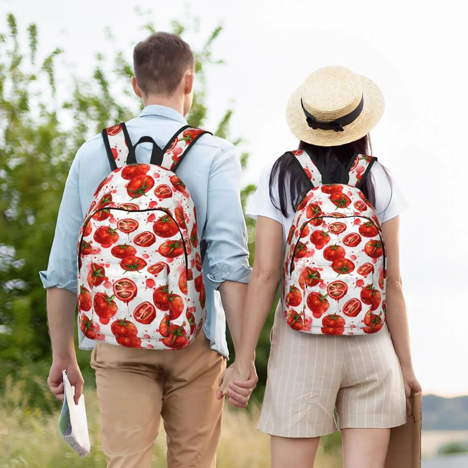 Tomato Print Lightweight Canvas Backpack, Backpack For Women Men Couples, Travel Laptop Bag