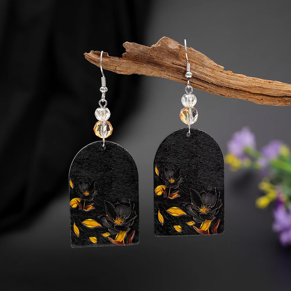 Fashion Yellow Leaves Black Flowers Relievo Printing Arch Acrylic Dangle Earrings For Women Vintage Style Elegant Light Jewelry