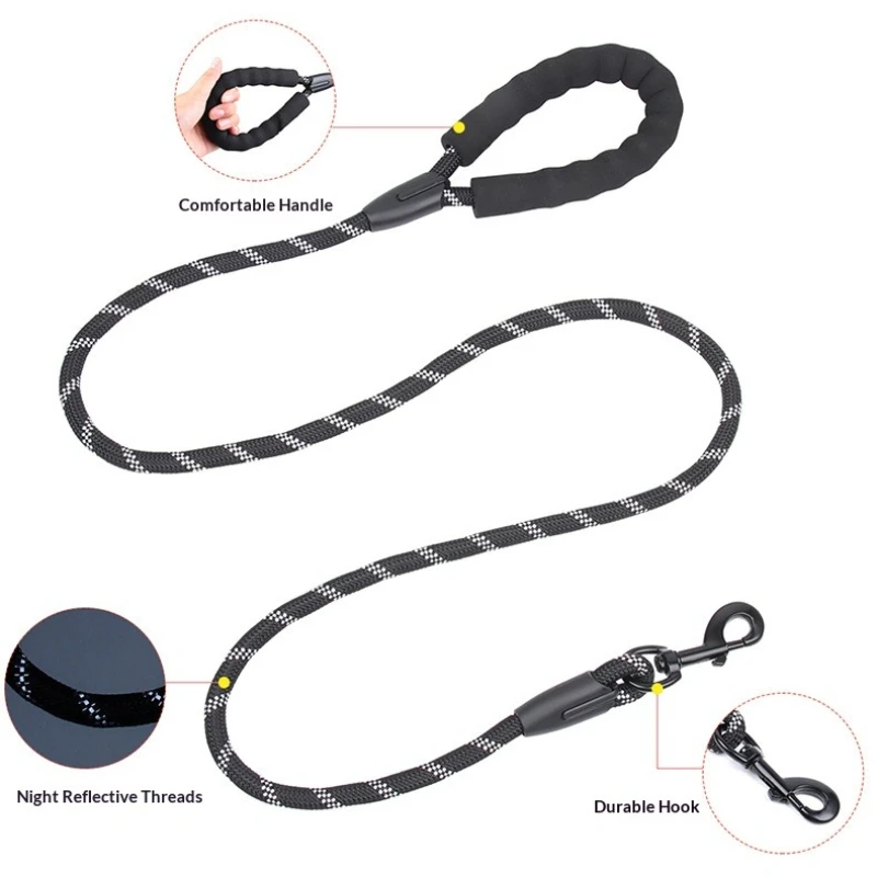 Reflective nylon dog leash, explosion-proof, comfortable round rope, pet walking leash, outdoor non-retractable