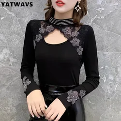 2024 New European Women Fashion Sexy O-Neck Hot Diamonds T-Shirt Clothes Streetwear Girl Chic Hollow Lace Embroidery Tees Tops