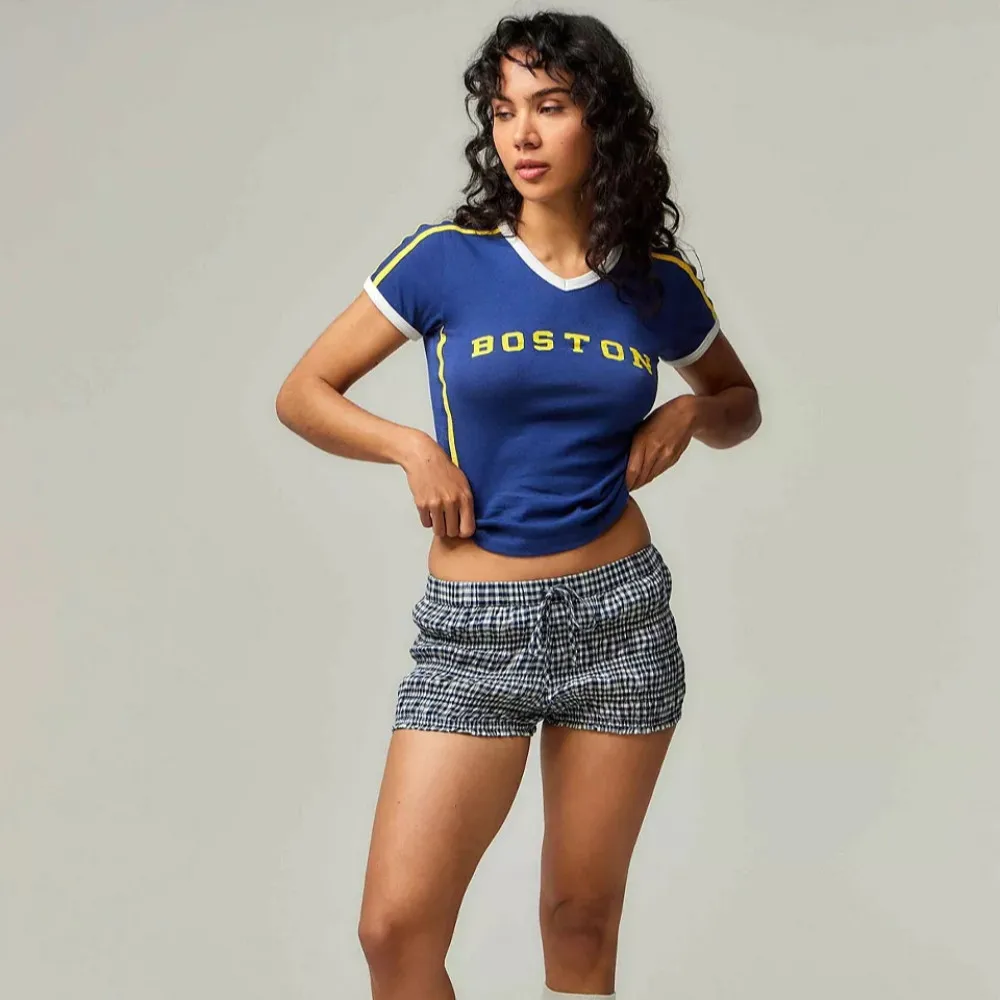 

Boston Letter Print T-shirt 2023 Summer Slim Fit O-neck Cotton Vintage Dark Gray Cropped Rock Fashion 2000 Women's T-shirt