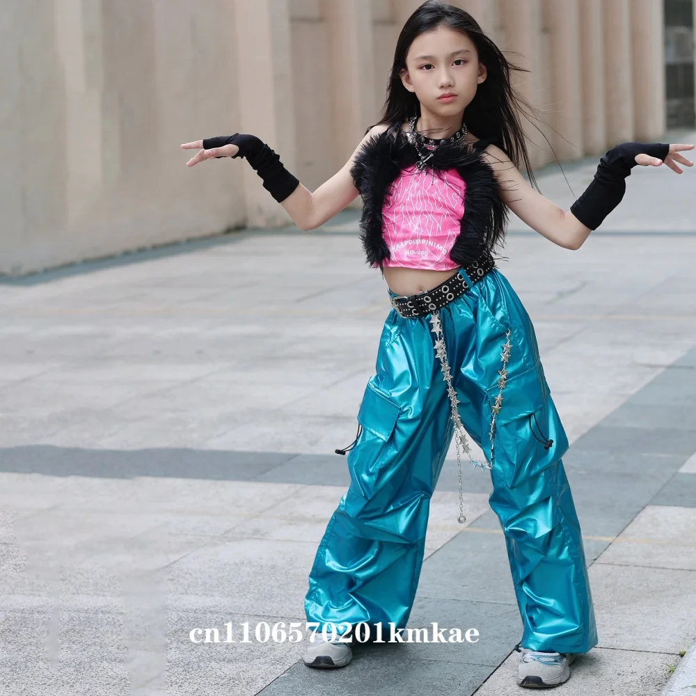 Traje de Kpop Rosa para Niñas, Chaleco de Plumas, Falda de Cuero, Ropa de Jazz, Vestuario de Danza Moderna, Traje para Conciertos y Espectáculos Infantiles