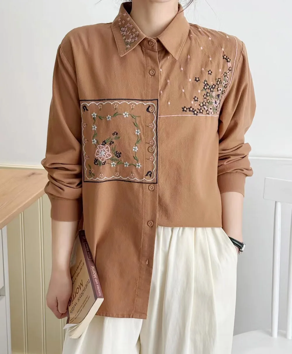 [즉시 배송] 고품질 여성용 100% 면사 블라우스 셔츠 봄 신상 자수 꽃무늬 다용도 긴팔 탑