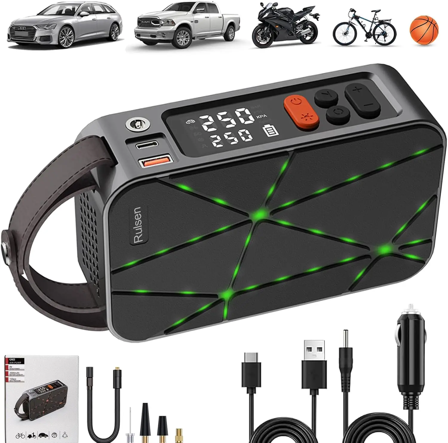 

Portable Tire Inflator 150PSI Electric Air Pump, Battery & 12V DC, for Car/Motorcycle/Bicycle/Ball with Digital Gauge