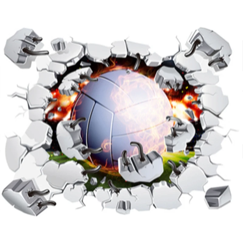Flame Volleyball 3D Vinyl Wall Hole Art Mural Stickers Kids Room Boy Girl Bedroom Teen-agers Sport Poster for Home Decorations