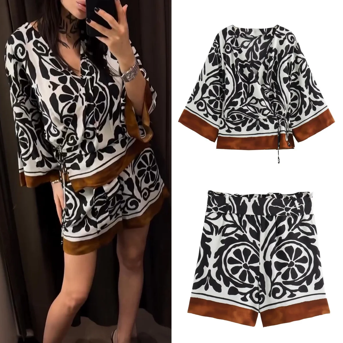 Women\'s Fashion Printed V-neck Kimono Top Shorts Set Printed Shirt Casual Shorts Two-piece Set Paper Bag Shorts 2024 Summer