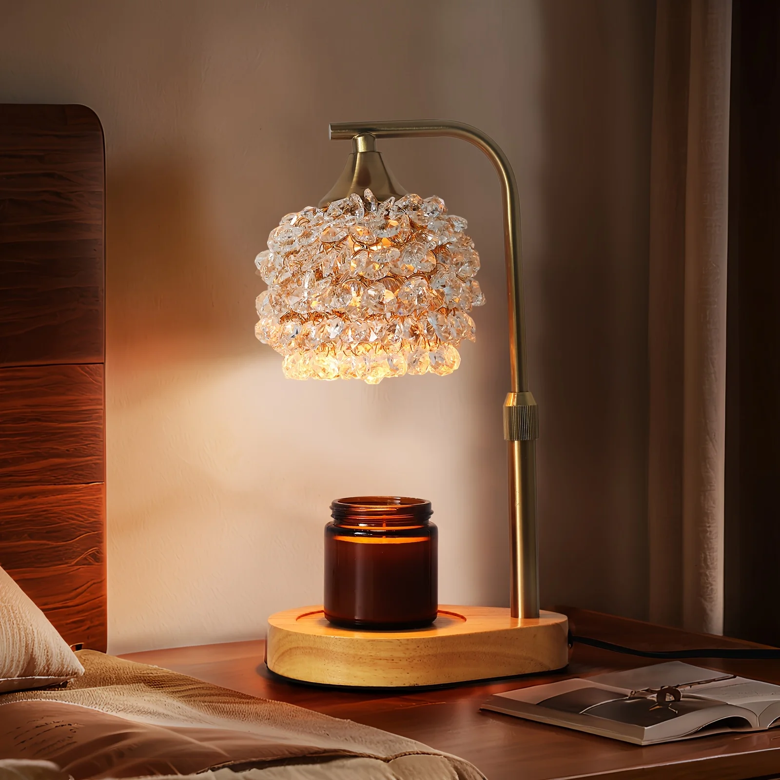 Flameless Candle Warmer Lamp | Adjustable Height & Dimmer, No Bulb Included, with Amber, Black, or Golden K9 Crystal Shade