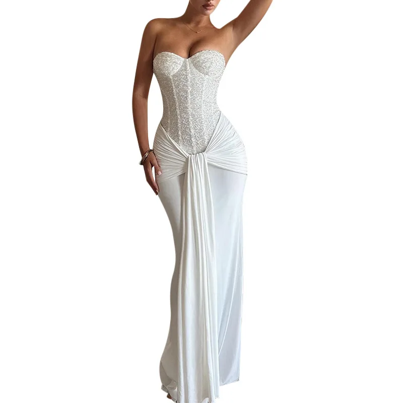 Abito da Sera per Donna, Lussuoso ed Elegante Vestito Lungo in Velluto Bianco con Paillettes, per Feste di Compleanno e Cocktail
