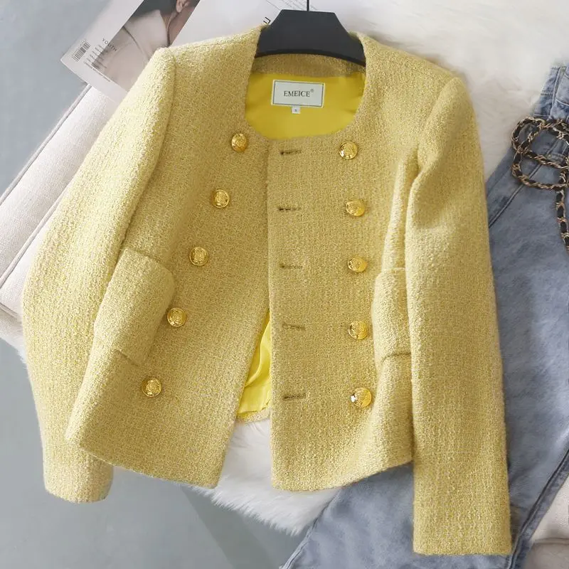 Women New Casual Loose Elegant Yellow Tweed Jacket Double Breasted Female Outerwear Autumn Winter Women Small Fragrance Blazer view 3