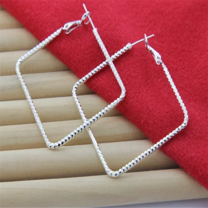 New 925 Sterling Silver Elegant Square Big Hoop Earrings For Women Fashion Party Wedding Accessories Jewelry Couple Gifts