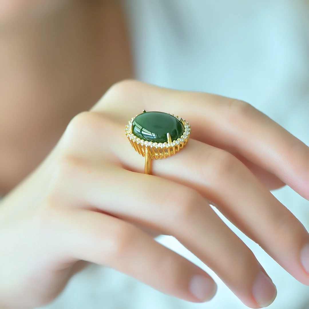 Anillo de Jade de Hetian redondo de piedras preciosas verdes para mujer, anillos de citas, joyería de oro para mujer, accesorios, ajuste de clavija ajustable