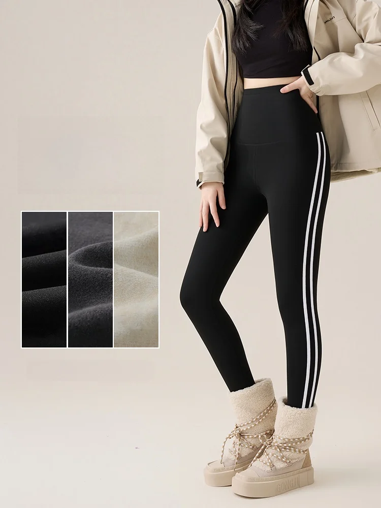 Pantaloni da yoga Thi foderati in Fce a vita alta Leggings casual Bot invernale a righe in pelle arca da donna con controllo della pancia caldo e dimagrante