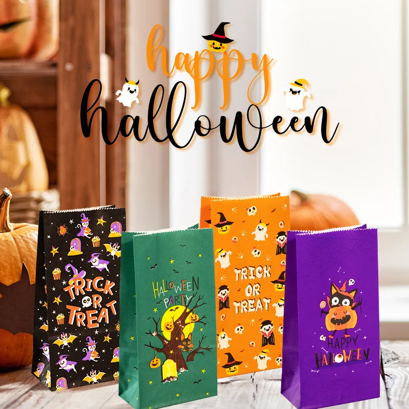 12pcs/set Halloween Gift Bag Cartoon Paper Bag Gifts Packaging Cookies Popcorn Chocolate Candy Bag Happy Halloween Party Decor