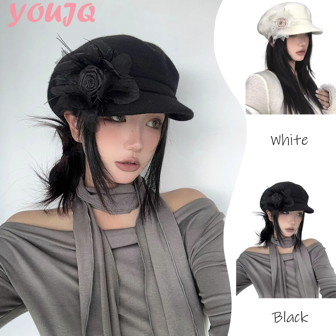 

Retro Japanese Niche Fall and Winter Oversize Woolfelt Flowers Octagonal Hat Show Face Small Travel Painter Beret Cap Boinas