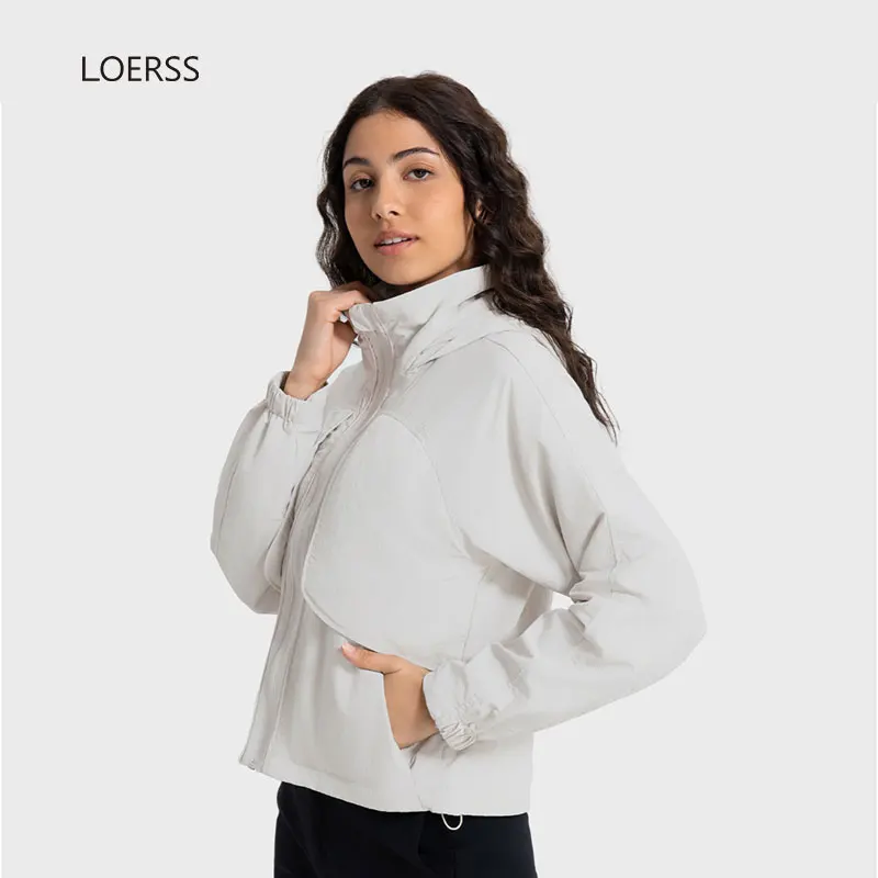 LOERSS-Jaqueta esportiva feminina com capuz, colarinho em pé, capuz impermeável, casaco para corrida, ioga, ao ar livre, casual, outono, inverno