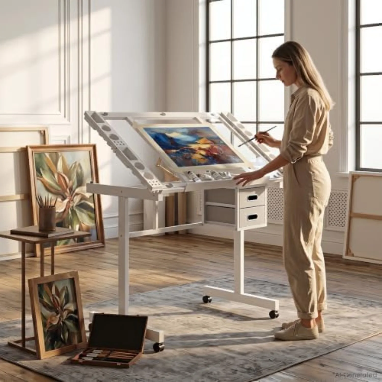 Rolling Drafting Table on Wheels, Painting Table Art Craft Desk Crafting Table with Tilting Transparent Tempered Glass