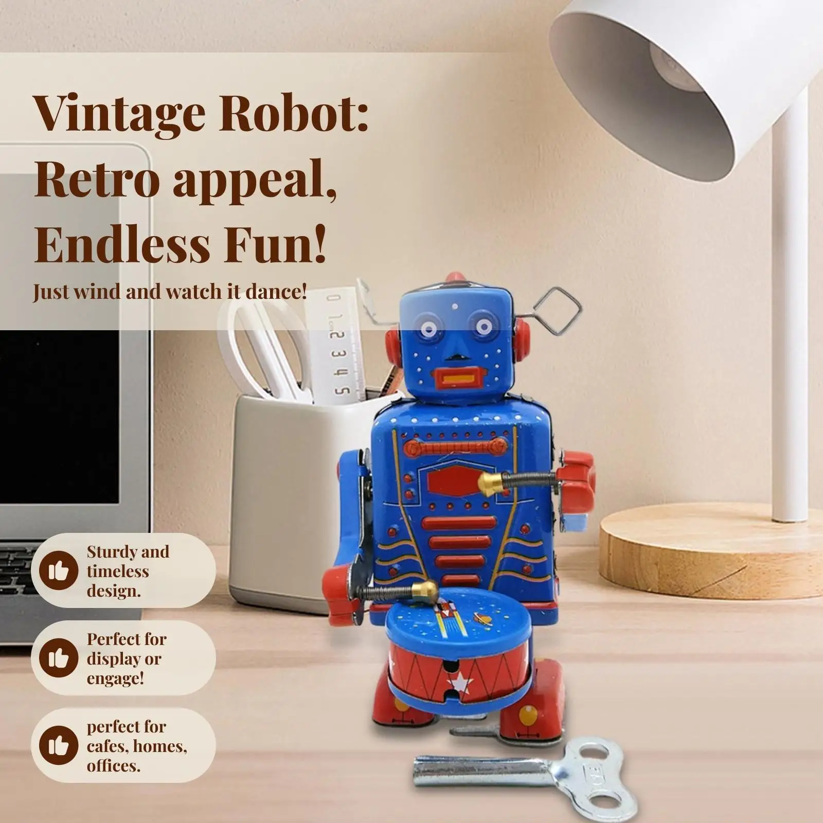 خمر يختتم الطبول لعبة روبوت صفيح العتيقة الرجعية لعبة ميكانيكية للأطفال الأولاد ديكور الطاولة #2