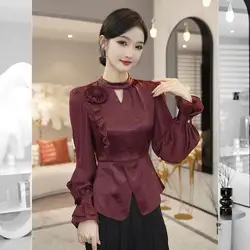 Women's Hollow Out Solid Color Early Autumn New Shirt Light Luxury High-end Fashionable and Wine Long Sleeved Casual Shirts