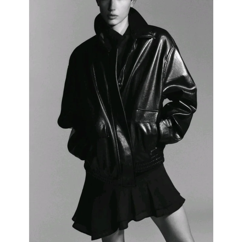 เสื้อโค้ทหนัง PU ทรงนักบินสำหรับผู้หญิง รุ่นใหม่ ฤดูใบไม้ร่วง แขนยาว สไตล์ลำลอง ความยาวปกติ ผลิตจากเส้นใยโพลีเอสเตอร์ เสื้อคลุมสำหรับผู้หญิง