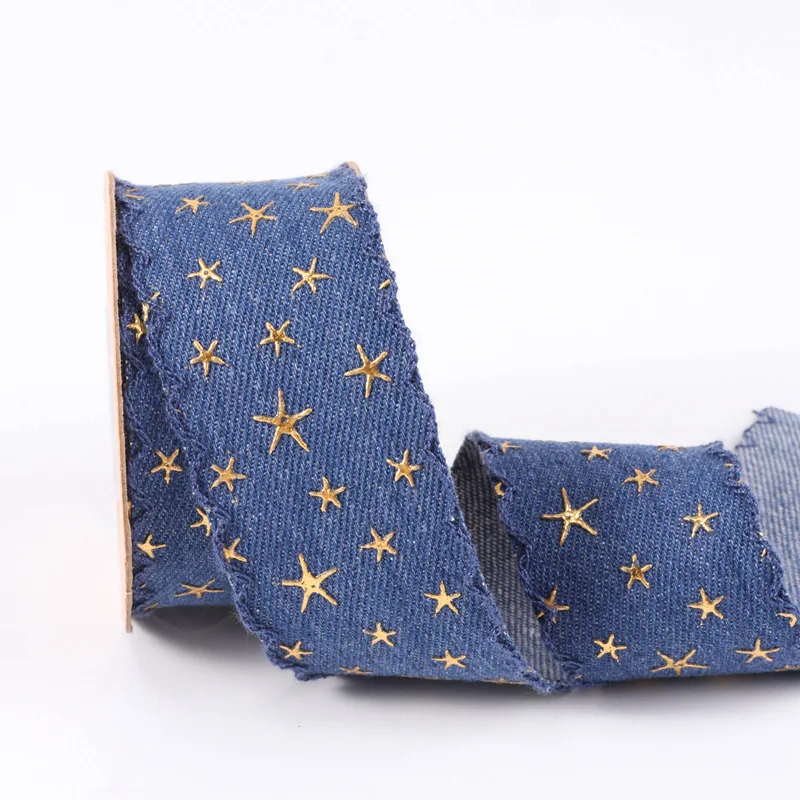 10 Yards 25MM/40MM Gold Five-Pointed Star Lace Edge Denim Ribbon Hair Bows DIY Crafts Handmade Accessories Ribbons