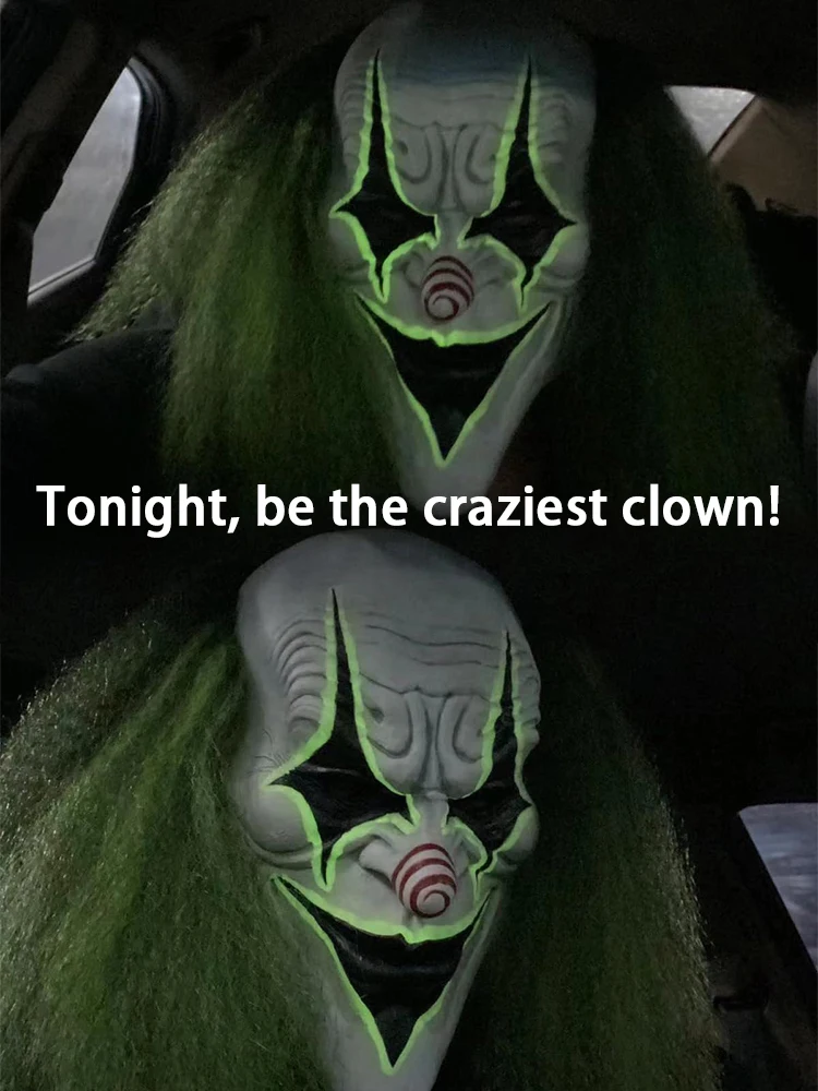 Maschera raccapricciante da clown spaventoso di Halloween con capelli verdi e naso rosso - Maschera jack con copricapo in lattice per feste horror ed eventi in costume