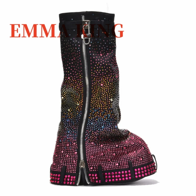 Luxury Designer Lock Crystal Thick Sole Mid Calf Boots Woman Platform Round Toe Long Womens Boots Winter Side Zipper Party Shoes