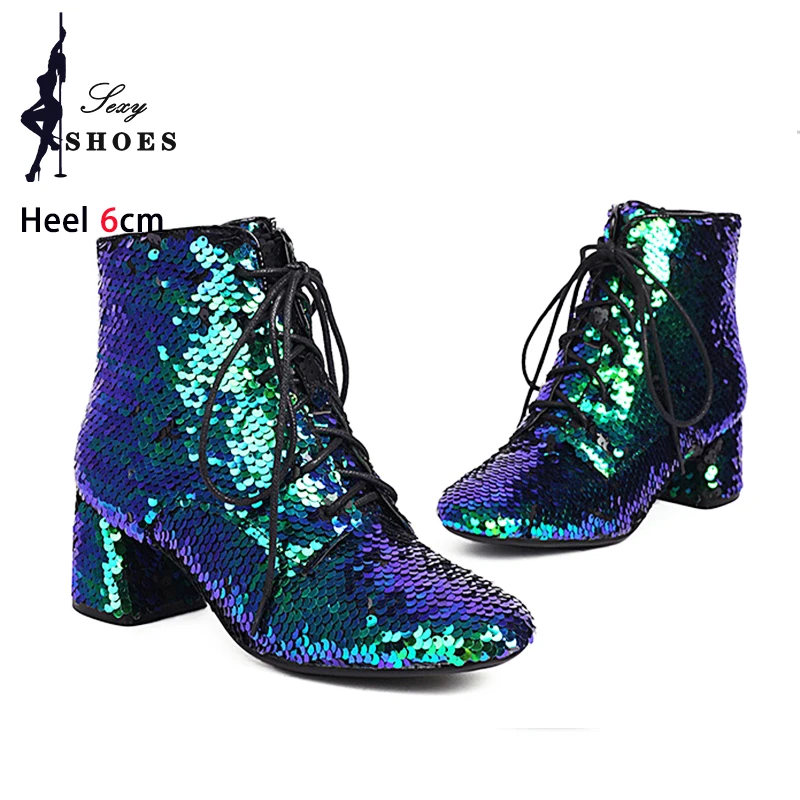 Luxury Sequined Ankle Boots Women 6CM Comfort Block Heels Short Boots Female Autumn Winter Party Shoes  Feminina Large Size 46