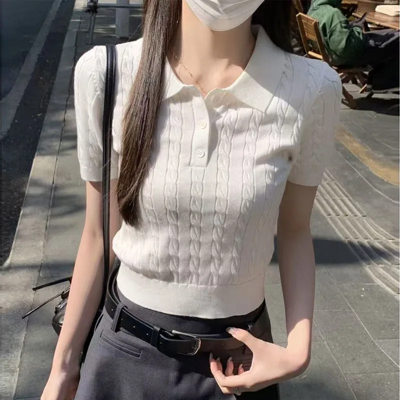 Knitted Sweater Women Pullovers New Short Sleeve White Knit Sweater Pullover Women Tops Turn Down Collar Sueters De Mujer Q3375