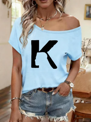 Printed Y2K Style Spring and Summer Hot-Selling Women's Fashionable Casual Off-Shoulder Short Sleeves