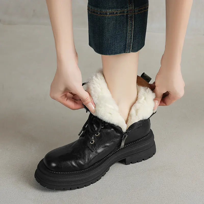 

Новинка 2023 года, зимние женские ботинки, зимние сапоги из натуральной шерсти, обувь из 100% коровьей кожи на толстой подошве в стиле ретро, теплые женские ботинки