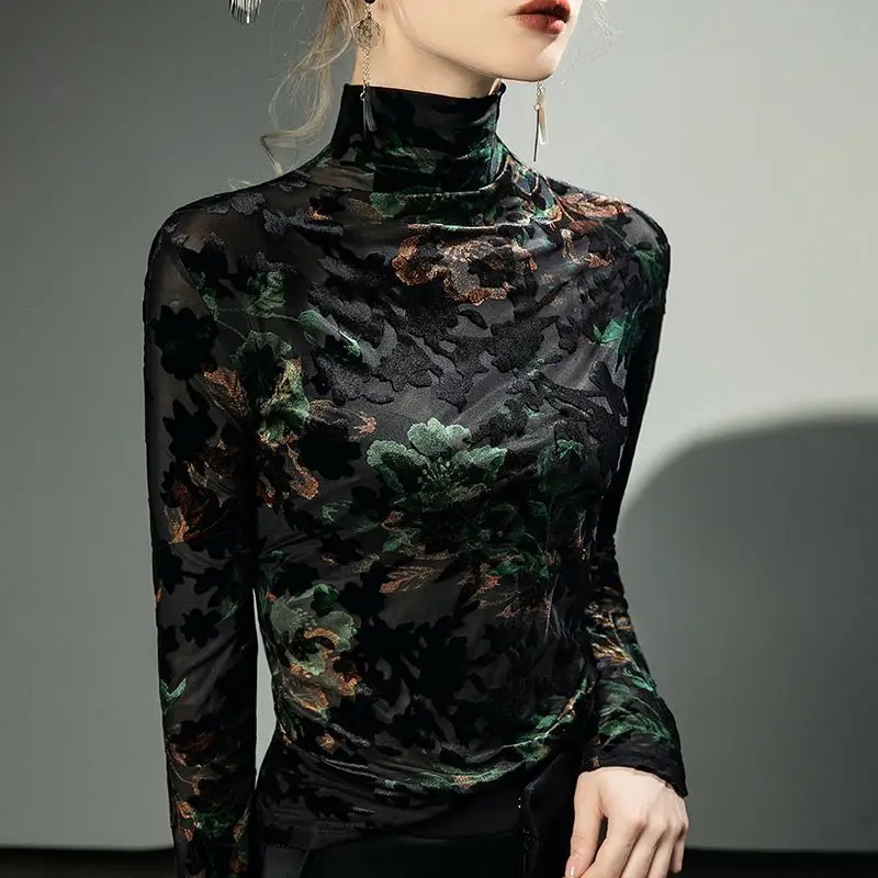 Women Clothing Vintage Elegant Flower Flocking High Collar Basic T-shirt Autumn Winter Sexy Mesh Long Sleeve Slim Pullover Tops