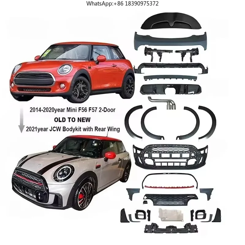For 2014-2020 Mini F56 F57 2-Door Body Kit with Rear Wing JCW Style Front and Rear Bumper Upgrade 2021 Cooper Min F56 F57 Cooper