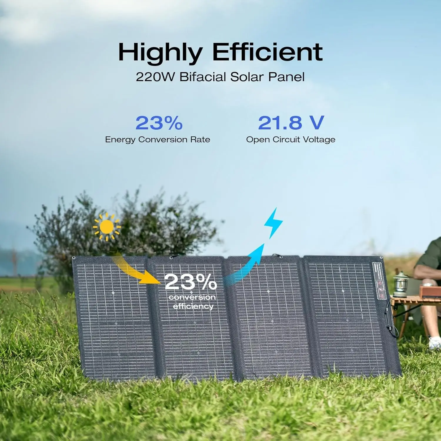 

220Watt Bifacial Foldable Solar Panel, Complete with Adjustable Kickstand, Waterproof IP68 & Durable for Off The Grid Living