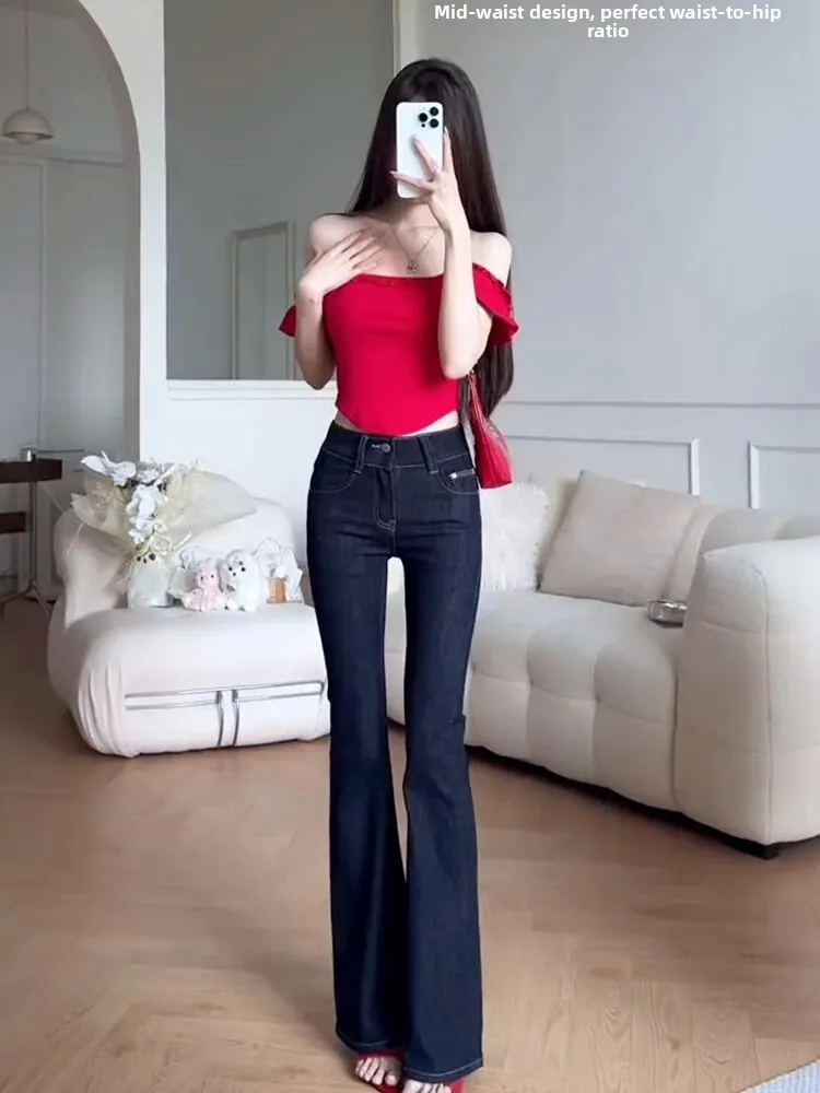 

Retro American Deep Blue Slim Straight Jeans Women's Summer New Tight Elastic Floor-Length Micro-flared e Tube Pants