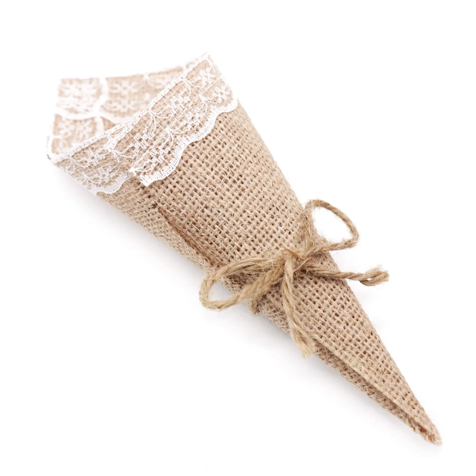 50pcs/lot 15*15cm Burlap Jute Hessian Pew Cones Bouquet Bag Flower Holder for Christmas Party Baby Shower Supply Wedding Decors