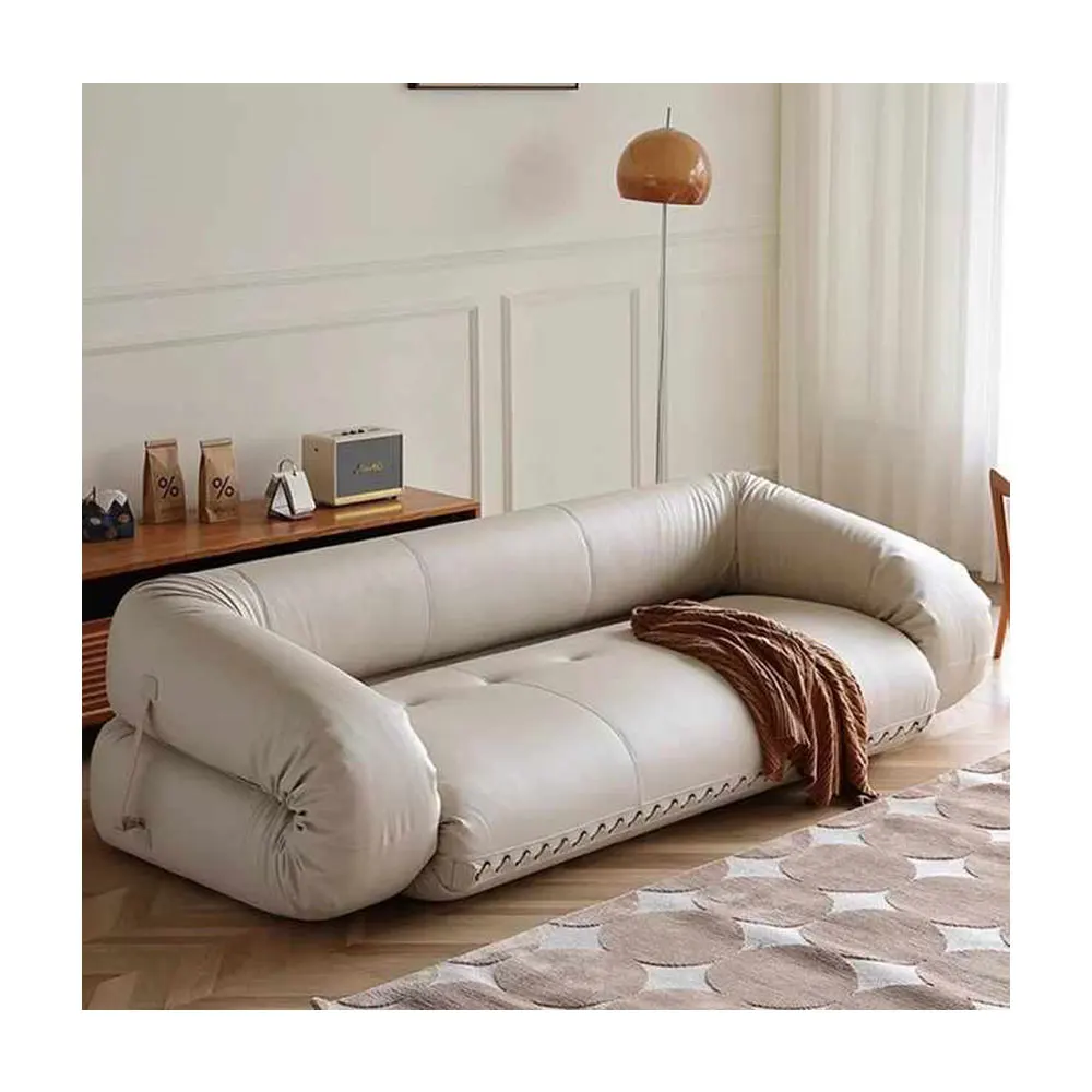 

Italian Leather Lazy Living Room Sofas First Layer Cowhide Folding Modern Minimalist Luxury Sofa Bed