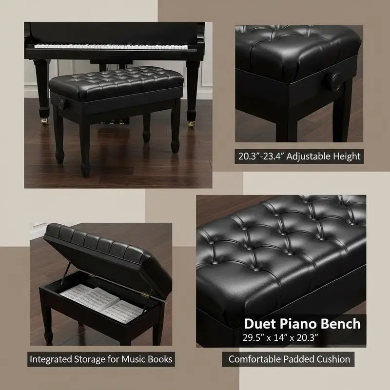 Duet Keyboard Bench 29.5" x 14" x 20.3" For Music Studio Home Practice Performance Room, Adjustable Height Padded Cushion Music Book Storage Compartment Wooden Furniture Seat Bedroom Vanity Use view 6