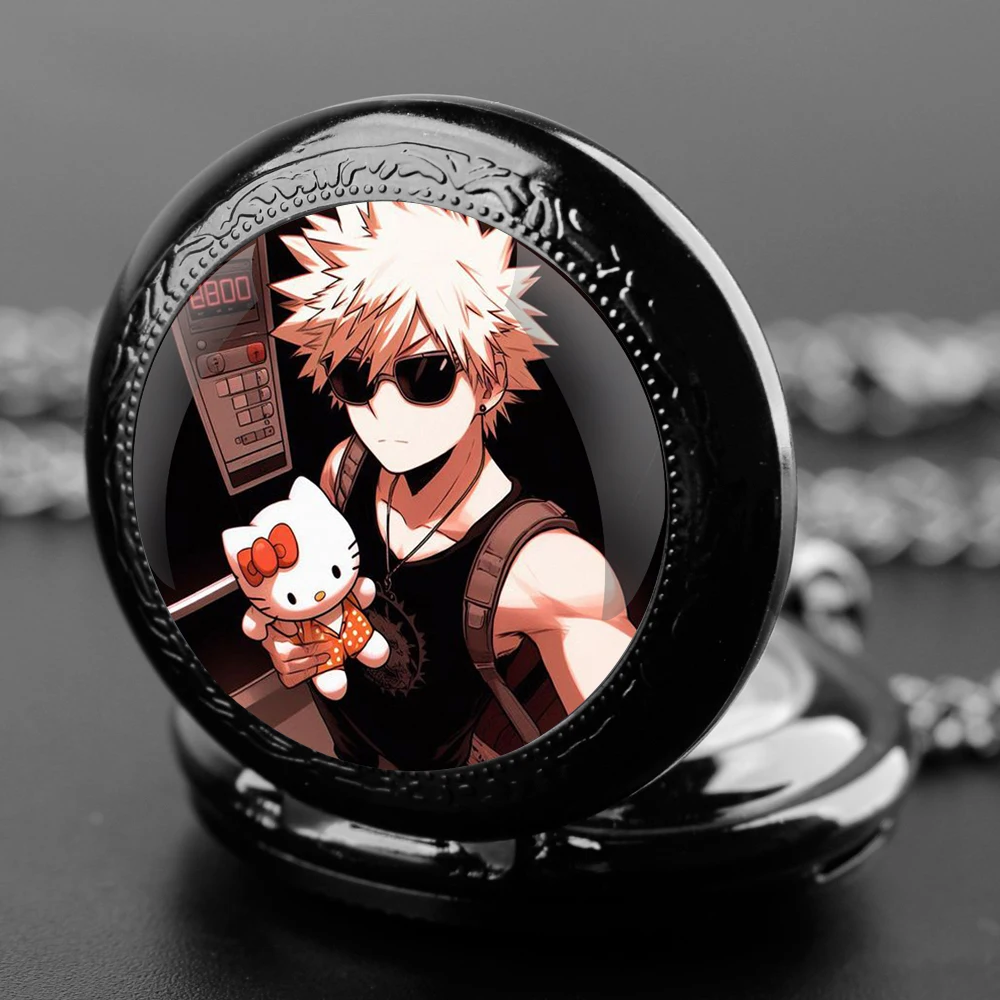 Anime Bakugou Katsuki Design Quartz Pocket Watch Gift Set with Durable Chain and Arabic Numeral Face Timeless Present for Men