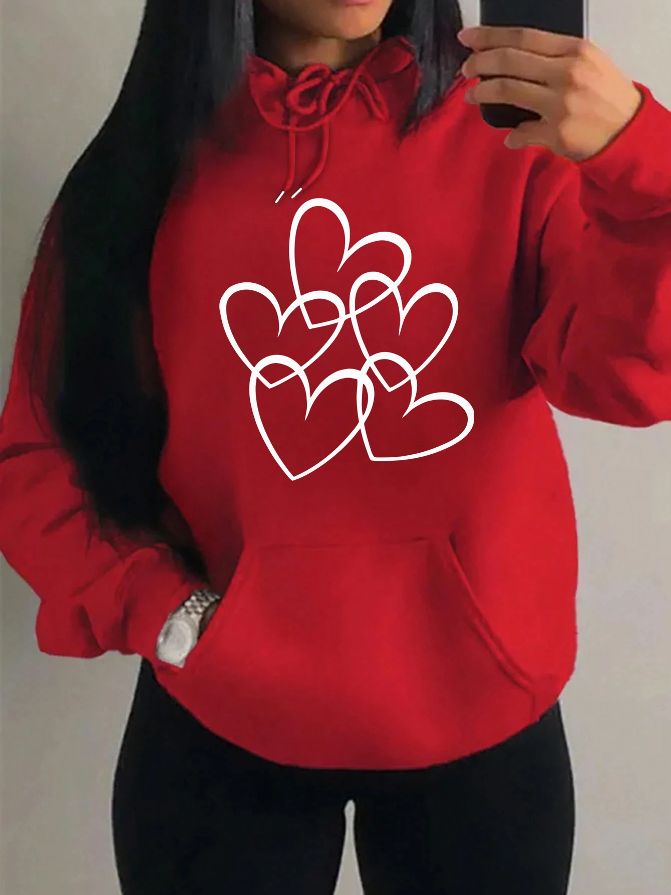 Simple Heart Prints Women Hoodies Fleece Creative Clothing Hip Hop Fashion Hoody Casual Unisex All-Match Unisex Pullovers
