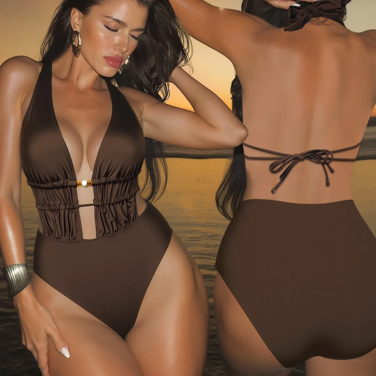 Sexy Solid Knitted Patchwork One Piece Swimsuit 2026 Women V Neck Buckle Hollow Out Backless Bathing Suit Tummy Control Swimwear
