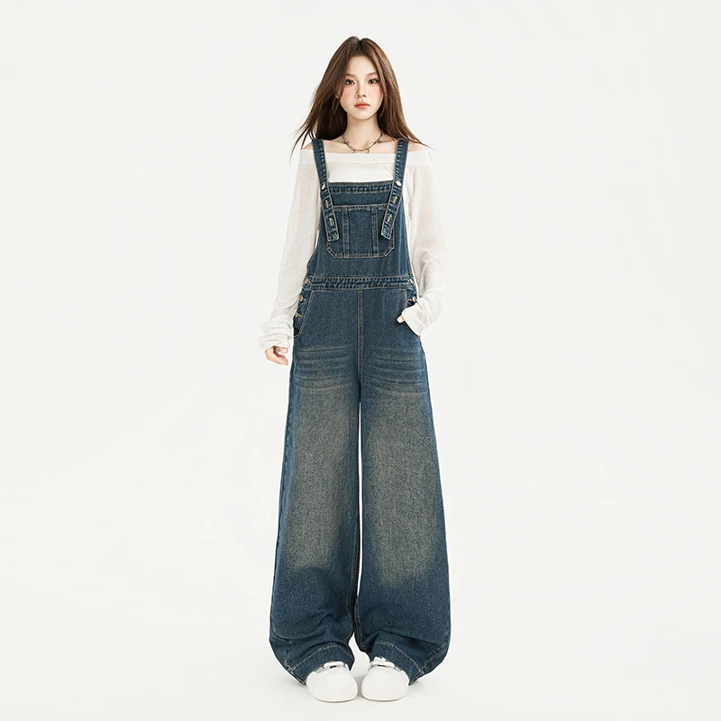 

Vintage Blue Versatile Denim Overalls for Women2026New early spring and autumn non-fading drapey floor-length suspender jumpsuit