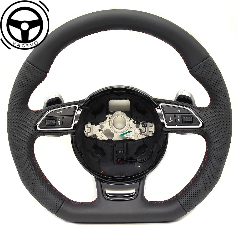 

For Audi A4 B8 semi perforated leather red line flat bottomed steering wheel with paddles