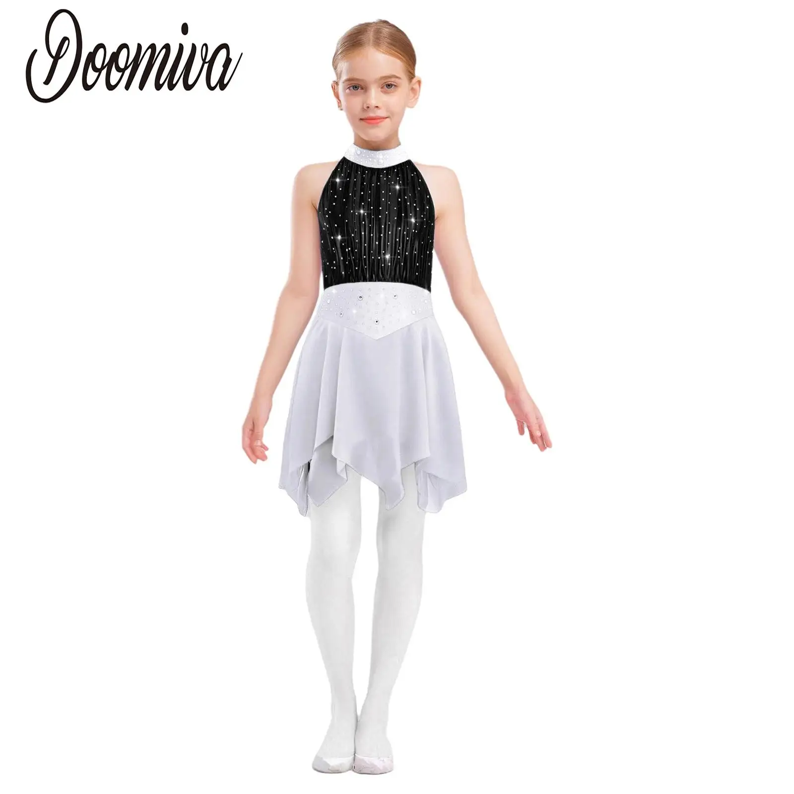 

Girls Sleeveless Lyrical Dance Dress Rhythmic Gymnastics Shiny Mesh Leotards Tutu Dress Figure Skating Modern Ballet Dancewear