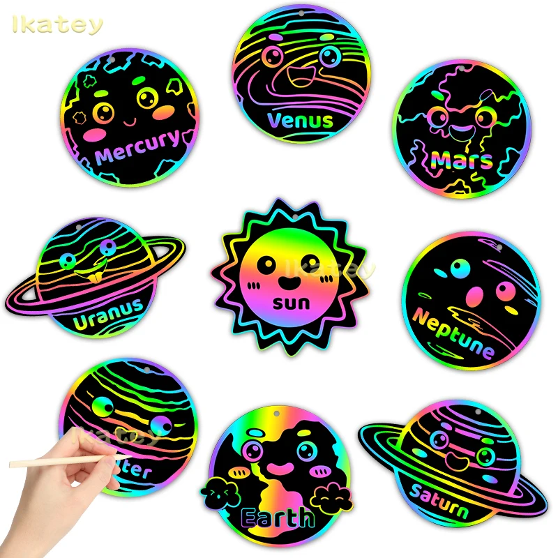 63Pcs Solar System Scratch Art Paper for Kids 9 Planets Rainbow Scratch Off Cards DIY Outer Space Magic Color Drawing Preschool