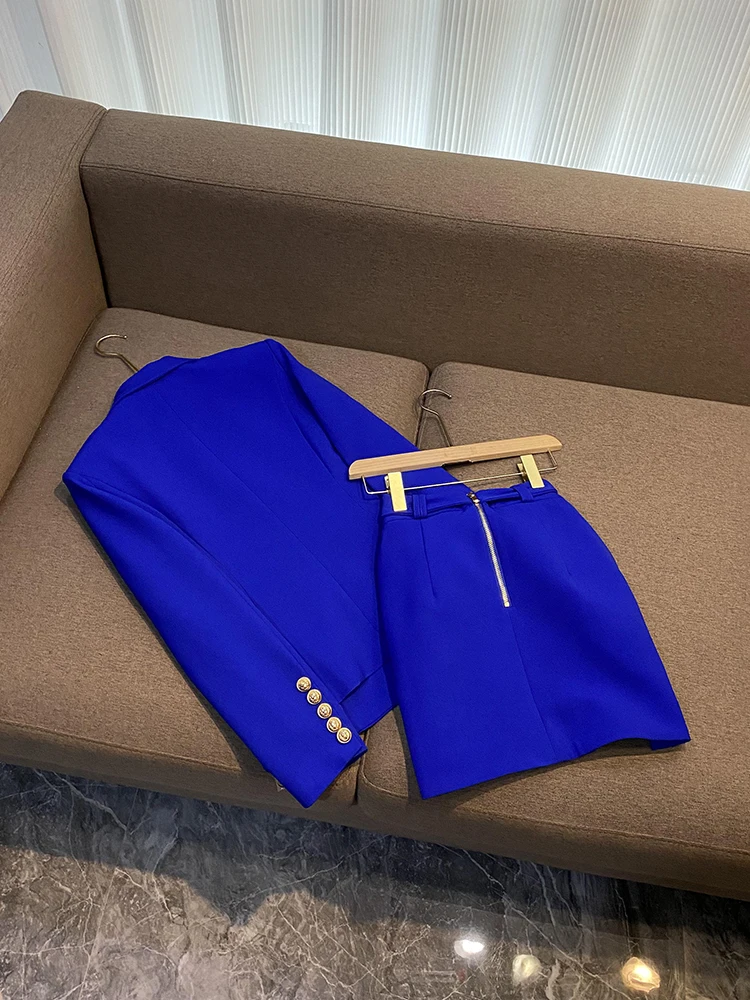 New Arrival Stylish Bright Solid Color Lady Suit Long Sleeve Double-breasted Blazer Pencil Mini Skirts Women Quality Office 2Pcs