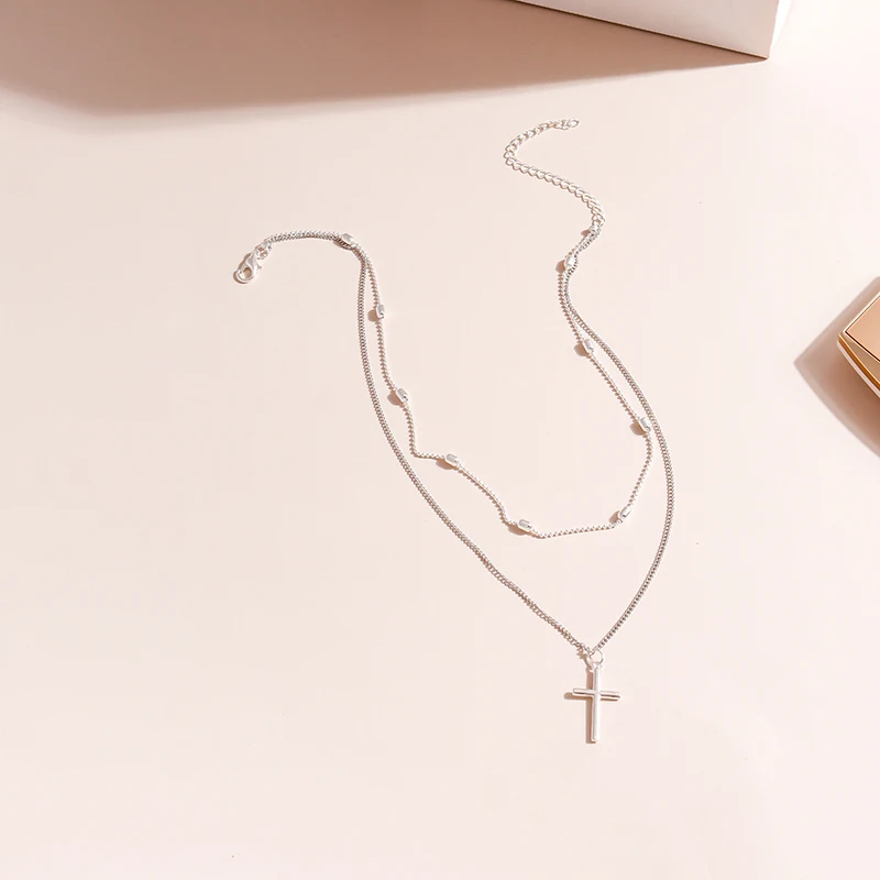 Vintage Kreuz Anhänger Halskette für Frauen Gold Silber Farbe Mehrschichtige Ovale Perlen Kette Halskette Minimalismus Weiblichen Schmuck – Detail 3