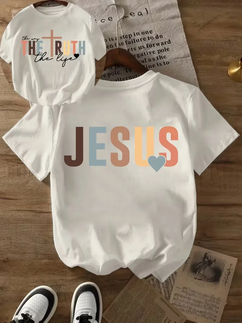 T-shirt tendance à manches courtes avec imprimé double face, avec inscription « THE TRUTH The Life,Jesus », hauts décontractés à col rond pour femmes