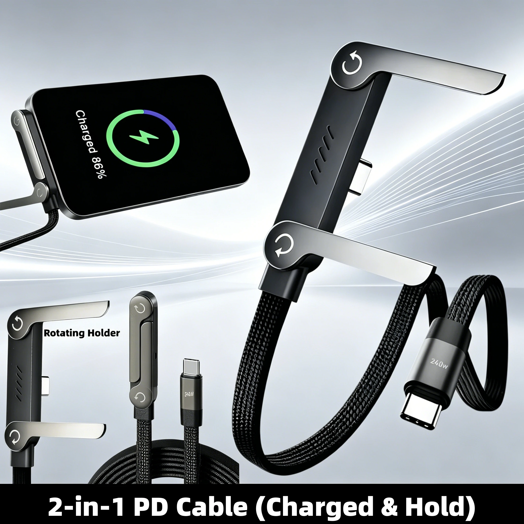 2-IN-1 Type-C Cable Foldable Mobile Phone Holder 240W Fast Charging Data Cable Multifunction Phone Charge Bracket Dual PD cable