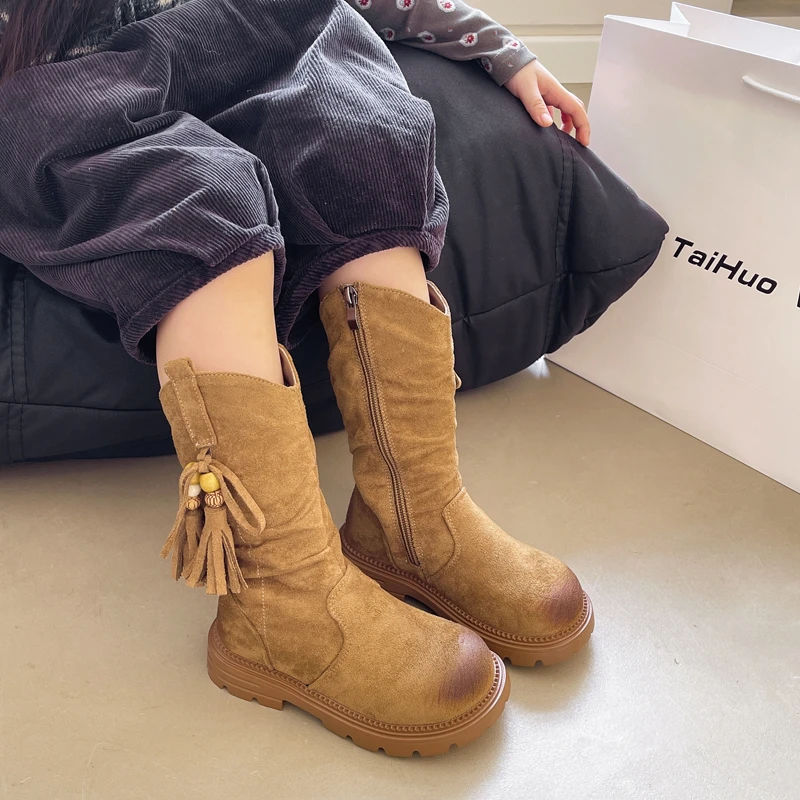 

Детские ботинки в стиле ретро для девочек, осень 2021, ботинки принцессы до середины икры с кисточками для малышей, модные детские повседневные ботинки на толстой подошве